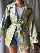 Load image into Gallery viewer, Vintage Gold Satin Short Cotton Trench Coat with Waist Tie
