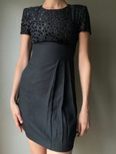 Load image into Gallery viewer, Vintage Classic Black Short Sleeve Sparkly Velvet Polka Dot Bow Empire Waist Dress Petite
