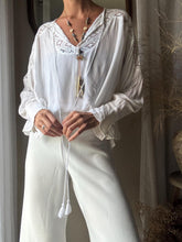 Load image into Gallery viewer, Vintage Gauzy White Boho Long Lace Sleeve Top

