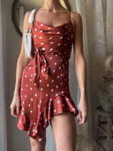 Load image into Gallery viewer, Preloved Animal Print Mini Slip Dress: Cowl Neck Ruffle Hem
