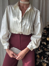 Load image into Gallery viewer, Sophisticated Vintage White Front Pleated Collared Satin Button Up Blouse
