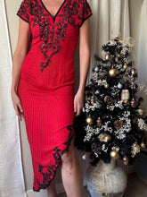 Load image into Gallery viewer, Vintage Silk Red and Black Beaded Dress Asymmetrical Hem
