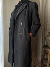 Load image into Gallery viewer, Classic Vintage Wool Oversized Dark Grey Long Coat Black Velvet Collar Made in USA
