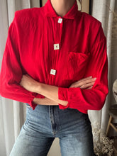 Load image into Gallery viewer, Vintage Boxy Cropped Cherry Red Long Sleeve Button Up Square Buttons
