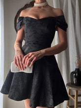 Load image into Gallery viewer, Vintage Black Floral Jacquard Dress: Off-Shoulder Fit &amp; Flare, Made in USA
