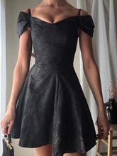 Load image into Gallery viewer, Vintage Black Floral Jacquard Dress: Off-Shoulder Fit &amp; Flare, Made in USA
