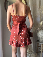 Load image into Gallery viewer, Preloved Animal Print Mini Slip Dress: Cowl Neck Ruffle Hem
