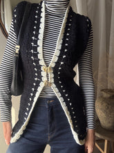 Load image into Gallery viewer, Vintage Black and White Hand Knit Long Open Sweater Vest
