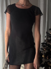 Load image into Gallery viewer, Classic Vintage Black Short Rhinestone Sheer Flutter Sleeve Crew Neck LBD Dress Lined Petite
