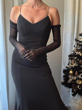 Load image into Gallery viewer, Vintage Rhinestone Strap Long Black Deep Back Dress Gown with Train Made in USA
