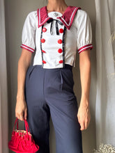 Load image into Gallery viewer, Vintage Handmade Nautical Sailor Top: Puff Sleeves, Burgundy Collar
