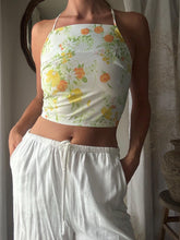 Load image into Gallery viewer, Vintage Upcycled White Yellow Floral Square Neck Halter Tie Top Handmade
