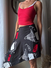 Load image into Gallery viewer, Vintage Semi Black White Red Abstract Pattern Scarf Wrap Skirt with Fringe Natural Rayon
