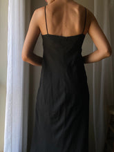 Load image into Gallery viewer, Vintage Cowl Neck Black Dress Spaghetti Straps Rhinestone Waist Made in USA
