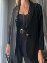 Load image into Gallery viewer, Vintage Oversized Black Blazer: Gold Beaded Lapel, 90s Chic
