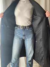 Load image into Gallery viewer, Vintage Oversized Black Wool Coat Structured Bold Shoulders Gold Lion Buttons
