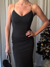 Load image into Gallery viewer, Vintage Rhinestone Strap Long Black Deep Back Dress Gown with Train Made in USA
