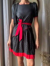 Load image into Gallery viewer, Vintage Black Red Cotton Asymmetrical Short Puff Sleeve Dress

