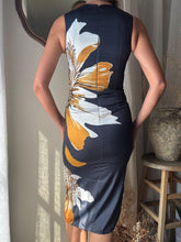 Load image into Gallery viewer, Pretty Secondhand Navy Blue Satin White Orange Large Floral Pattern Long Dress
