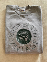 Load image into Gallery viewer, Upcycled Vintage Heather Grey Long Sleeve Sweatshirt Forest Green Keep Earth Vintage Logo
