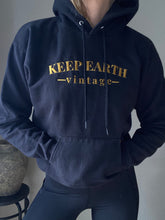 Load image into Gallery viewer, Upcycled Vintage Black Hoodie Sweatshirt Gold Keep Earth Vintage Logo
