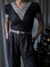 Load image into Gallery viewer, Vintage Black Silk Silver Sequin Beaded Blouse: Short Sleeve
