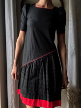 Load image into Gallery viewer, Vintage Black Red Cotton Asymmetrical Short Puff Sleeve Dress
