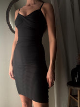 Load image into Gallery viewer, Vintage Ruched Bodycon Dress: Black Cotton Blend Spaghetti Strap
