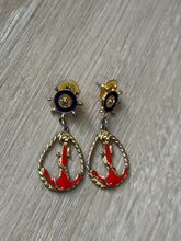 Load image into Gallery viewer, Vintage Anchor Nautical Blue Red Gold Drop Earrings
