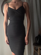 Load image into Gallery viewer, Vintage Ruched Bodycon Dress: Black Cotton Blend Spaghetti Strap
