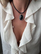 Load image into Gallery viewer, Vintage Y2K Faux Black Woven Leather with Black and Silver Pendant Statement Necklace
