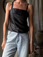 Load image into Gallery viewer, Vintage Black Satin Slip Tank Top with Straight Pleated Neckline
