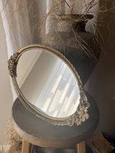Load image into Gallery viewer, Vintage Gold Metal Oval Mirror Vanity Tray Floral Trim Detail
