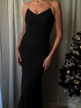 Load image into Gallery viewer, Vintage Rhinestone Strap Long Black Deep Back Dress Gown with Train Made in USA
