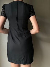 Load image into Gallery viewer, Vintage Classic Black Short Sleeve Sparkly Velvet Polka Dot Bow Empire Waist Dress Petite

