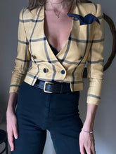 Load image into Gallery viewer, Vintage Yellow Black Plaid Blazer Padded Shoulders Petite
