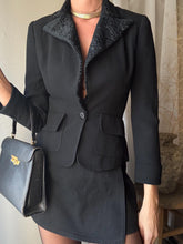 Load image into Gallery viewer, Vintage Wool Black Fitted Blazer Faux Shearling Velvet Collar Made in USA

