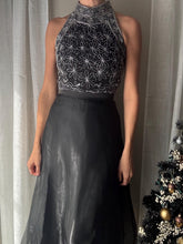 Load image into Gallery viewer, Vintage High Neck Black Silk and Silver Beaded Sequin Halter Top
