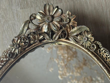 Load image into Gallery viewer, Vintage Gold Metal Oval Mirror Vanity Tray Floral Trim Detail
