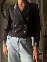 Load image into Gallery viewer, Vintage 80s 90s Cropped  Black Double Breasted Blazer Gold Embellished Collar Cuff Detail
