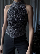 Load image into Gallery viewer, Vintage High Neck Black Silk and Silver Beaded Sequin Halter Top
