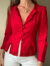 Load image into Gallery viewer, Vintage Structured Red Blazer Beaded Details and Buttons Square Neckline
