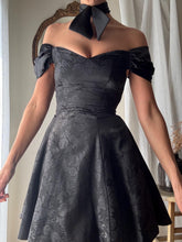 Load image into Gallery viewer, Vintage Black Floral Jacquard Dress: Off-Shoulder Fit &amp; Flare, Made in USA
