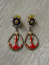 Load image into Gallery viewer, Vintage Anchor Nautical Blue Red Gold Drop Earrings
