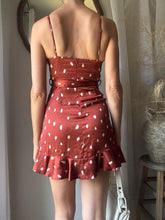 Load image into Gallery viewer, Preloved Animal Print Mini Slip Dress: Cowl Neck Ruffle Hem
