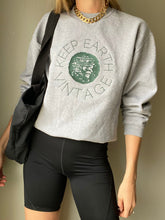 Load image into Gallery viewer, Upcycled Vintage Heather Grey Long Sleeve Sweatshirt Forest Green Keep Earth Vintage Logo
