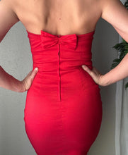 Load image into Gallery viewer, Vintage Cherry Red Strapless Mini Dress: Satin Bow Back
