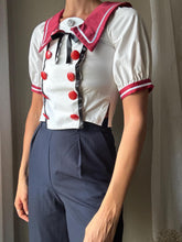 Load image into Gallery viewer, Vintage Handmade Nautical Sailor Top: Puff Sleeves, Burgundy Collar
