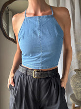 Load image into Gallery viewer, Vintage Upcycled Cotton Denim Square Neck Halter Tie Top Handmade
