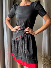 Load image into Gallery viewer, Vintage Black Red Cotton Asymmetrical Short Puff Sleeve Dress
